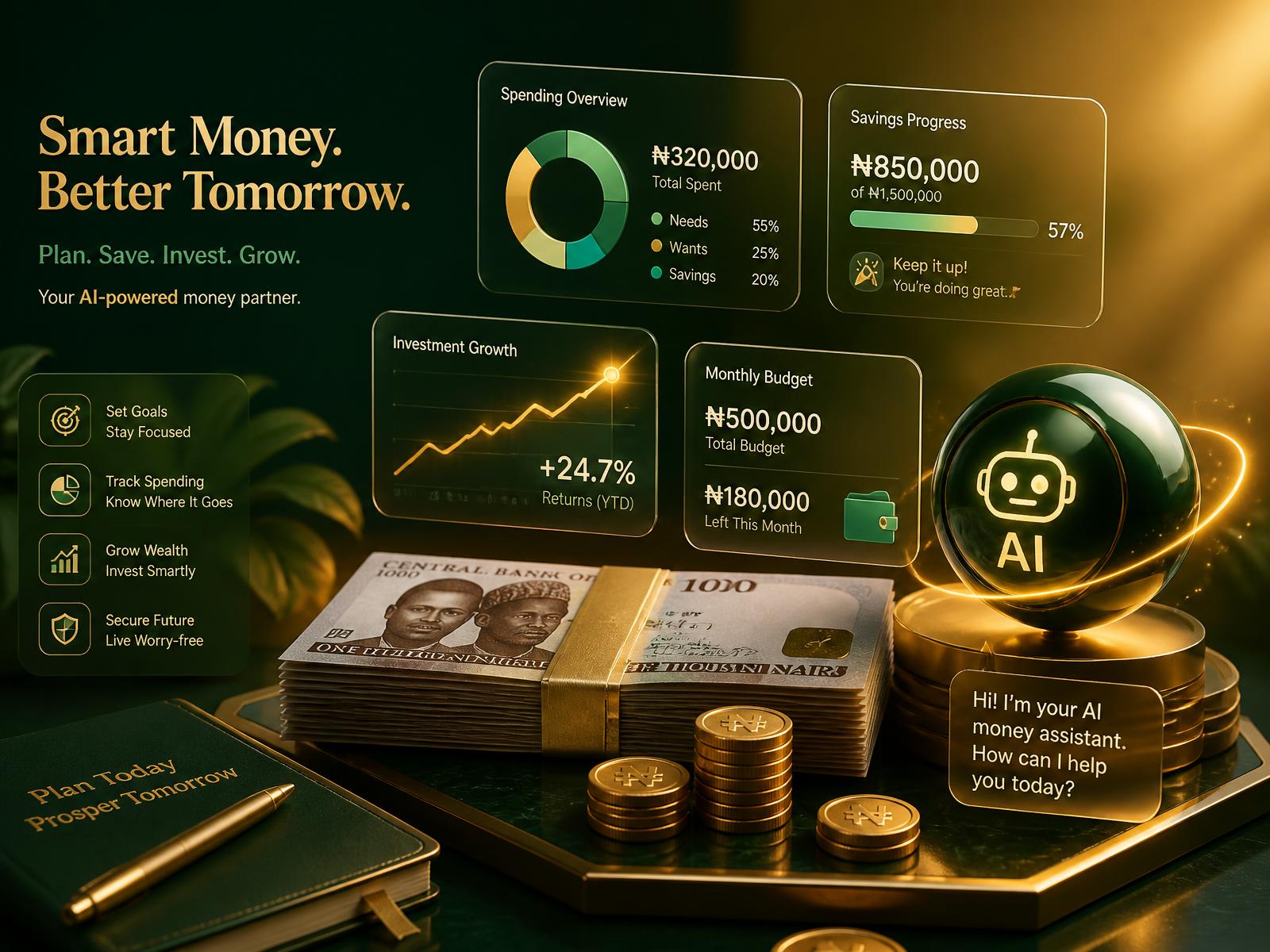 AI budgeting dashboard with naira notes, charts and savings progress